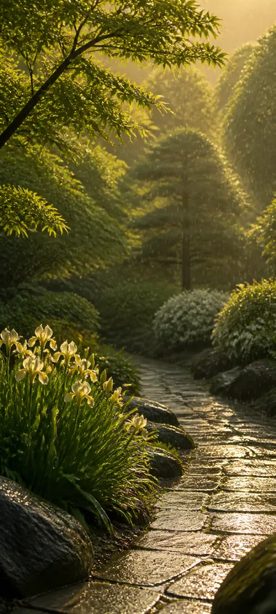 Cinematic Dawn Sunshower Garden